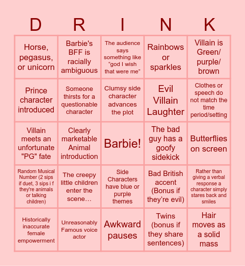 Drunk Barbie Bingo Card