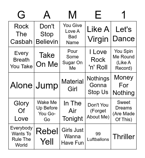 80s Theme Round Bingo Card