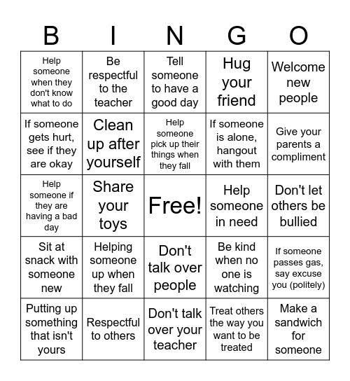 Kindness Bingo Board Bingo Card