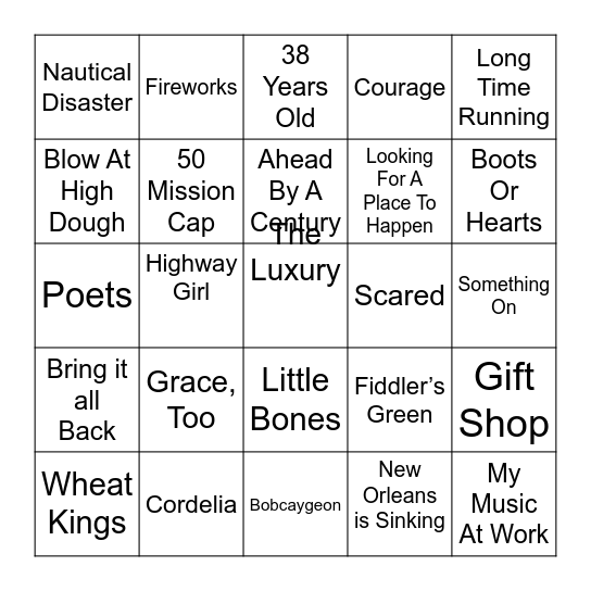 The Tragically Hip Bingo Card