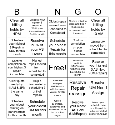 Repairs to Riches BINGO Card