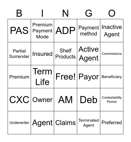 Insurance Bingo Card