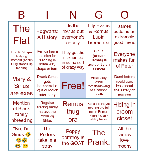 Marauders Fic (mostly Wolfstar)BINGO! Bingo Card