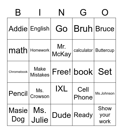 First Week of School BINGO Card