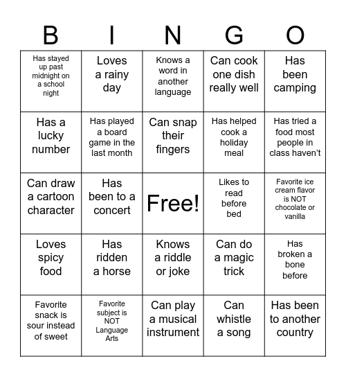 Fun Fact BINGO Card