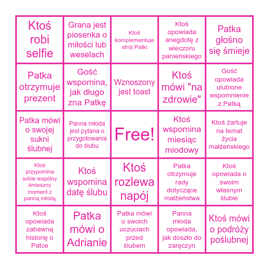 Wieczór panieński Patki Bingo Card