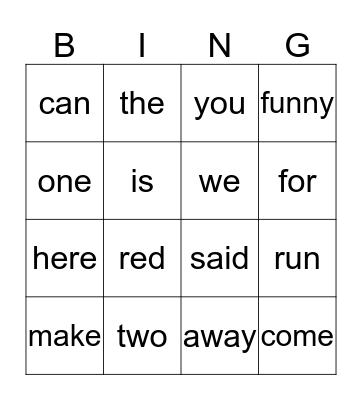 Sight Word Bingo Card