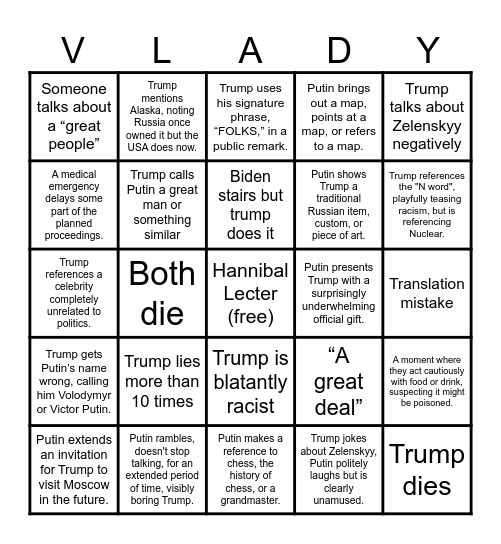 TRUMP - RUSSIA MEETING 2025 5x5 Bingo Card
