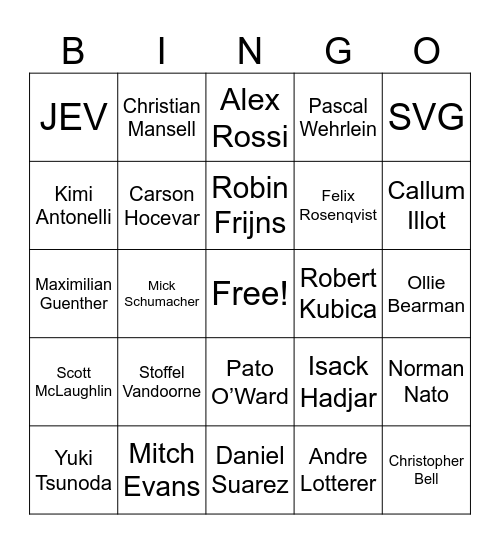 Ams’ Driver Bingo Card
