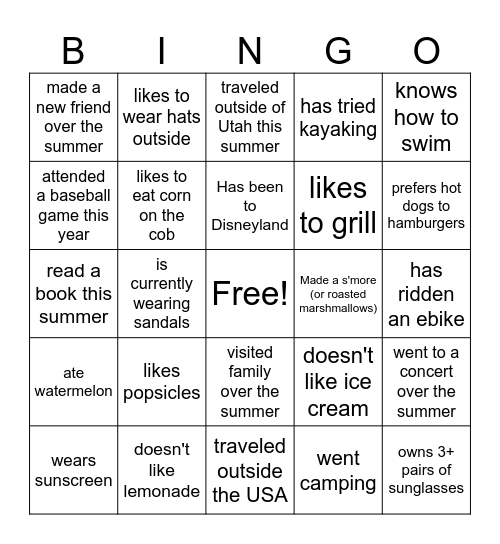 Find someone who - summer activities Bingo Card