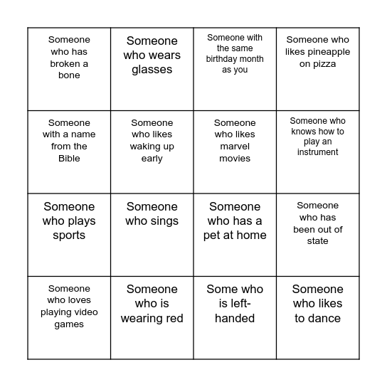 Gatherting Youth Night Bingo Card
