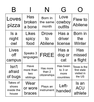 Orientation Bingo Card