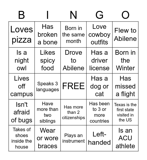 Orientation Bingo Card
