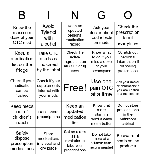 Medication Safety Bingo Card