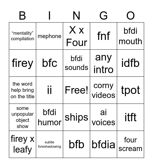 bfdi bingo Card