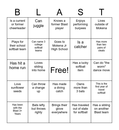 Mokena Blast Field Day 2025 Bingo Card