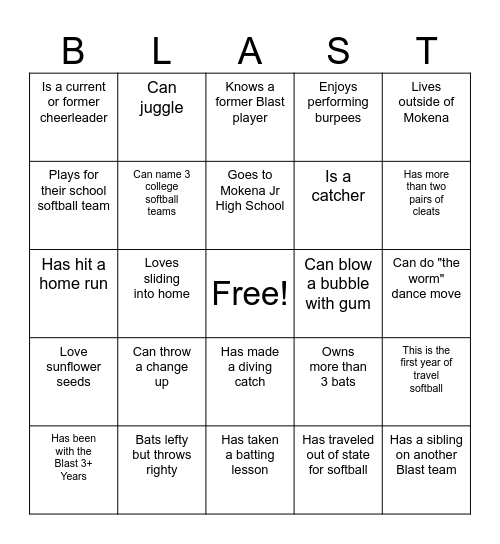 Mokena Blast Field Day 2025 Bingo Card