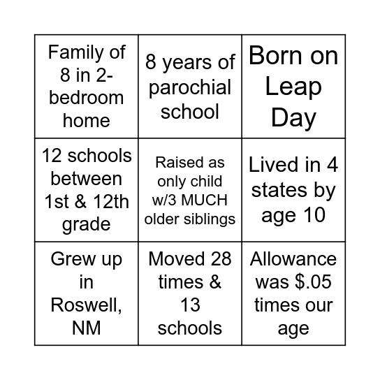 CHILDHOOD FACT Bingo Card