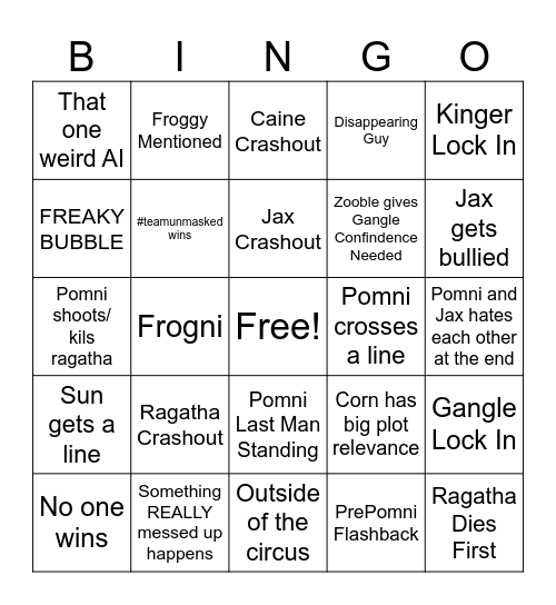 Digital Circus Episode 6 Bingo Card