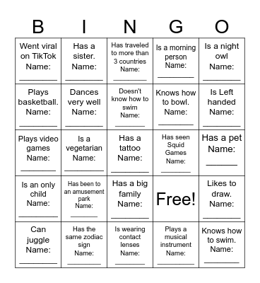 Questions Bingo: Find someone who... Bingo Card