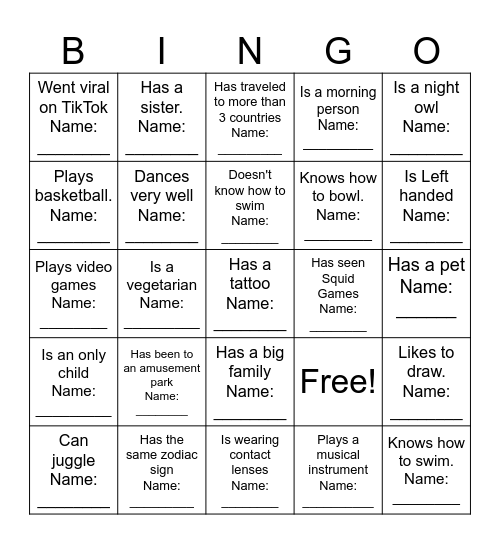 Questions Bingo: Find someone who... Bingo Card