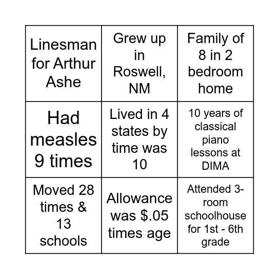 CHILDHOOD FACT Bingo Card