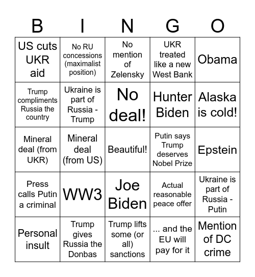 Trump Russia Bingo Card