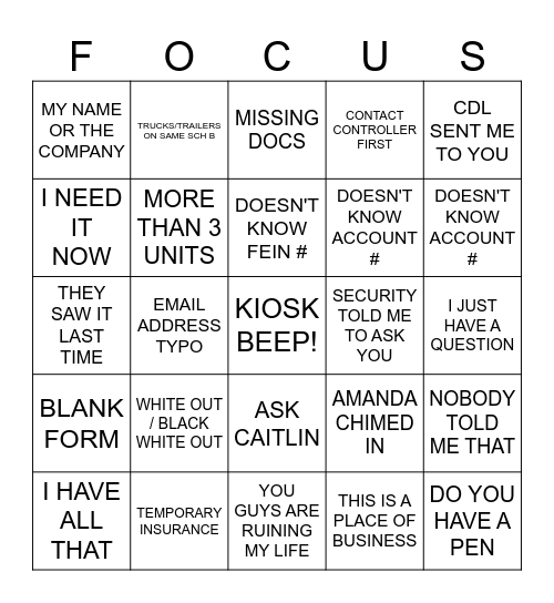 MOTOR CARRIER Bingo Card