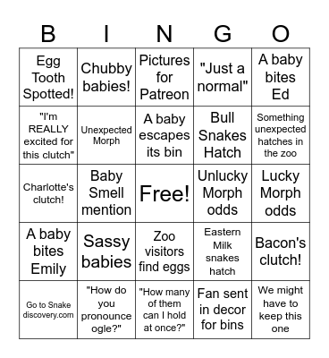 Snake Discovery Breeding Season Bingo Card