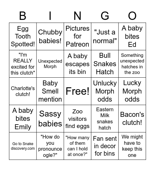 Snake Discovery Breeding Season Bingo Card