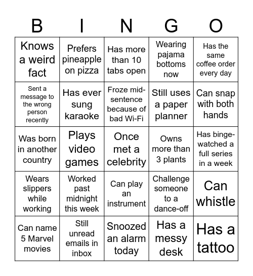Bingo with a Twist Bingo Card