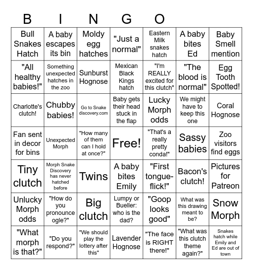 Snake Discovery Breeding Season Bingo Card