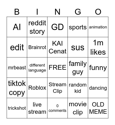 Youtube SHorts Bingo Card