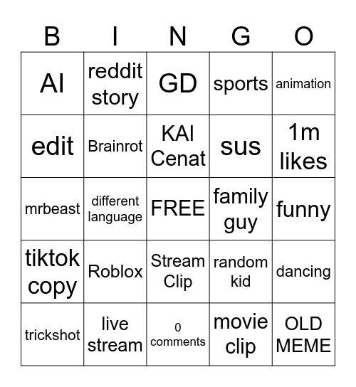 Youtube SHorts Bingo Card
