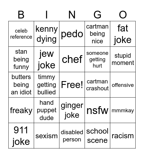 southpark bingo Card