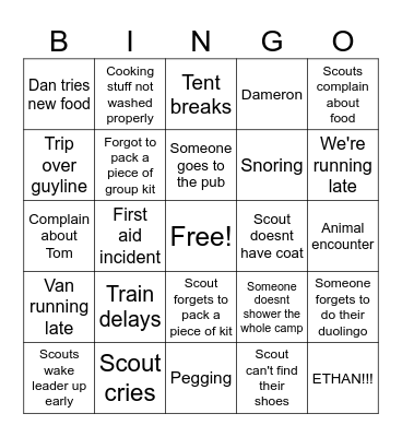 Camp Leader Bingo Card