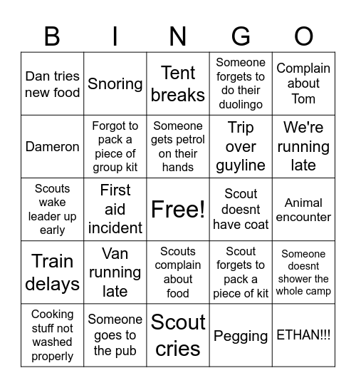 Camp Leader Bingo Card