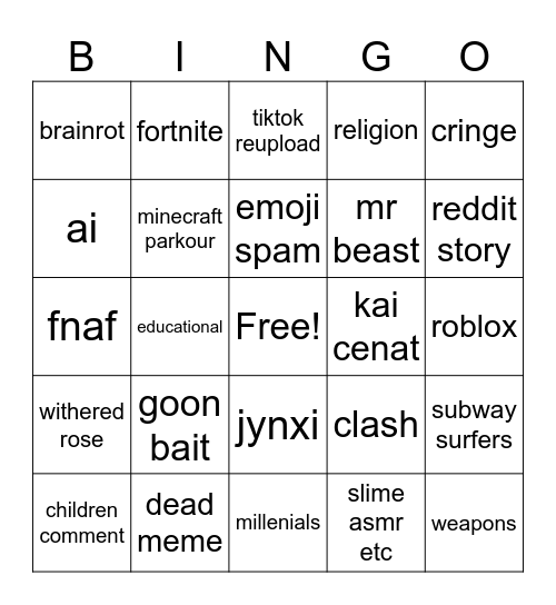 youtube shorts Bingo Card