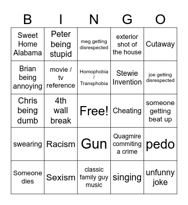 Family Guy Bingo Card