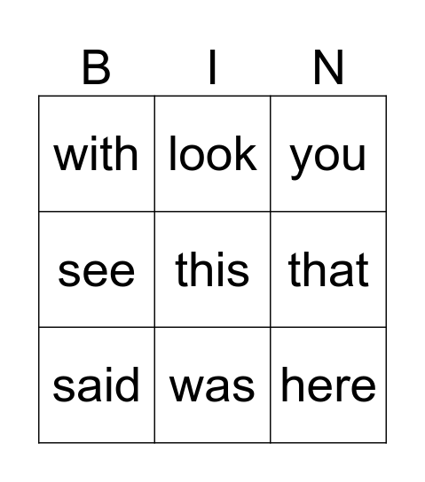 set 1 and 2 Bingo Card