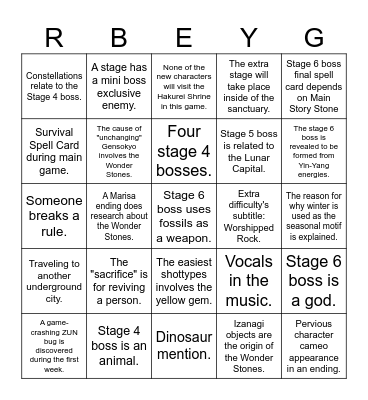 Last Minute Touhou 20 Predications Bingo Card