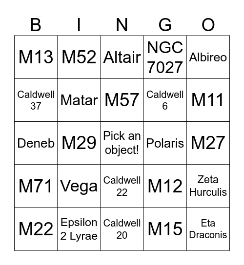 Astronomy Bingo Card