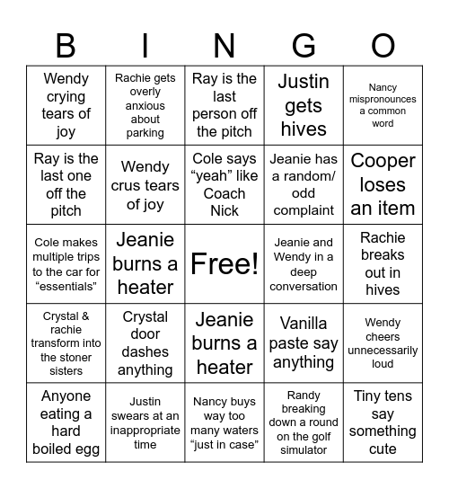 Asheville Reunion Bingo Card