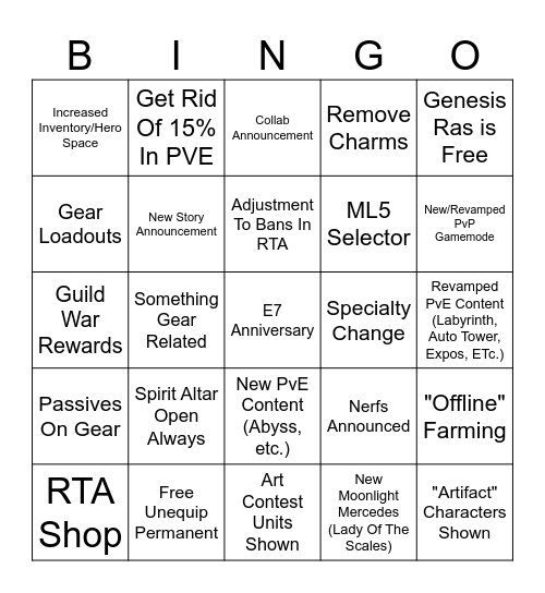 E7 Patch Bingo Card