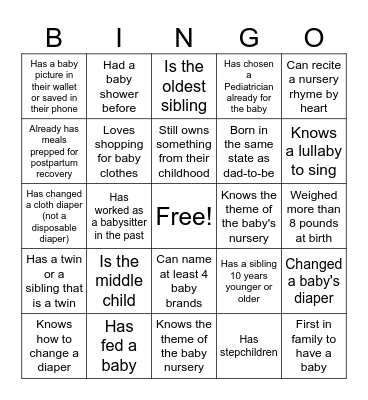 "Baby Care Bingo" Bingo Card
