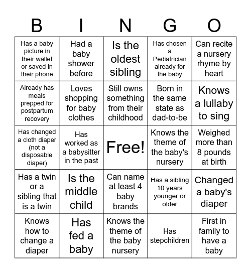 "Baby Care Bingo" Bingo Card