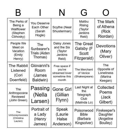 my favorite books #mycurse Bingo Card