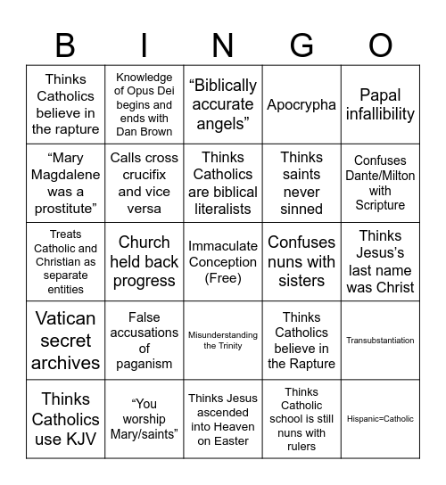 Misconceptions about Catholicism Bingo Card