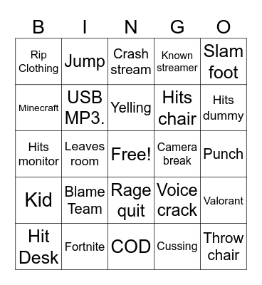 Gamer Rage Bingo Card