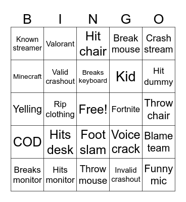 Gamer Rage Bingo Card